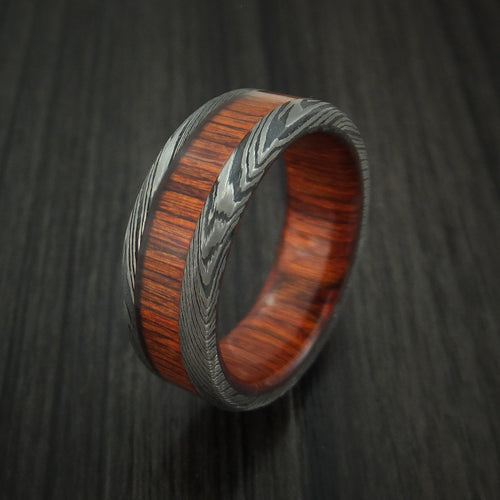 Canyon X - Damascus Steel Men's Wedding Ring with Cocobolo Wood Inlay and Sleeve Thick Band - view 4 - Nura Lab