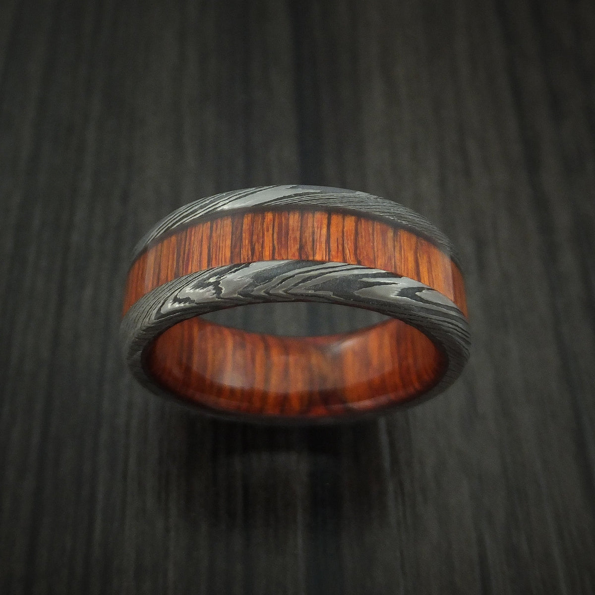 Canyon X - Damascus Steel Men's Wedding Ring with Cocobolo Wood Inlay and Sleeve Thick Band - view 2 - Nura Lab