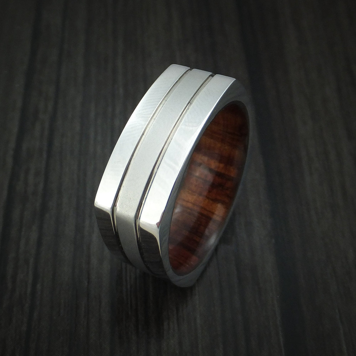 North XIII - Cobalt Chrome Square Men's Wedding Ring with Koa Wood Sleeve Band - view 4 - Nura Lab