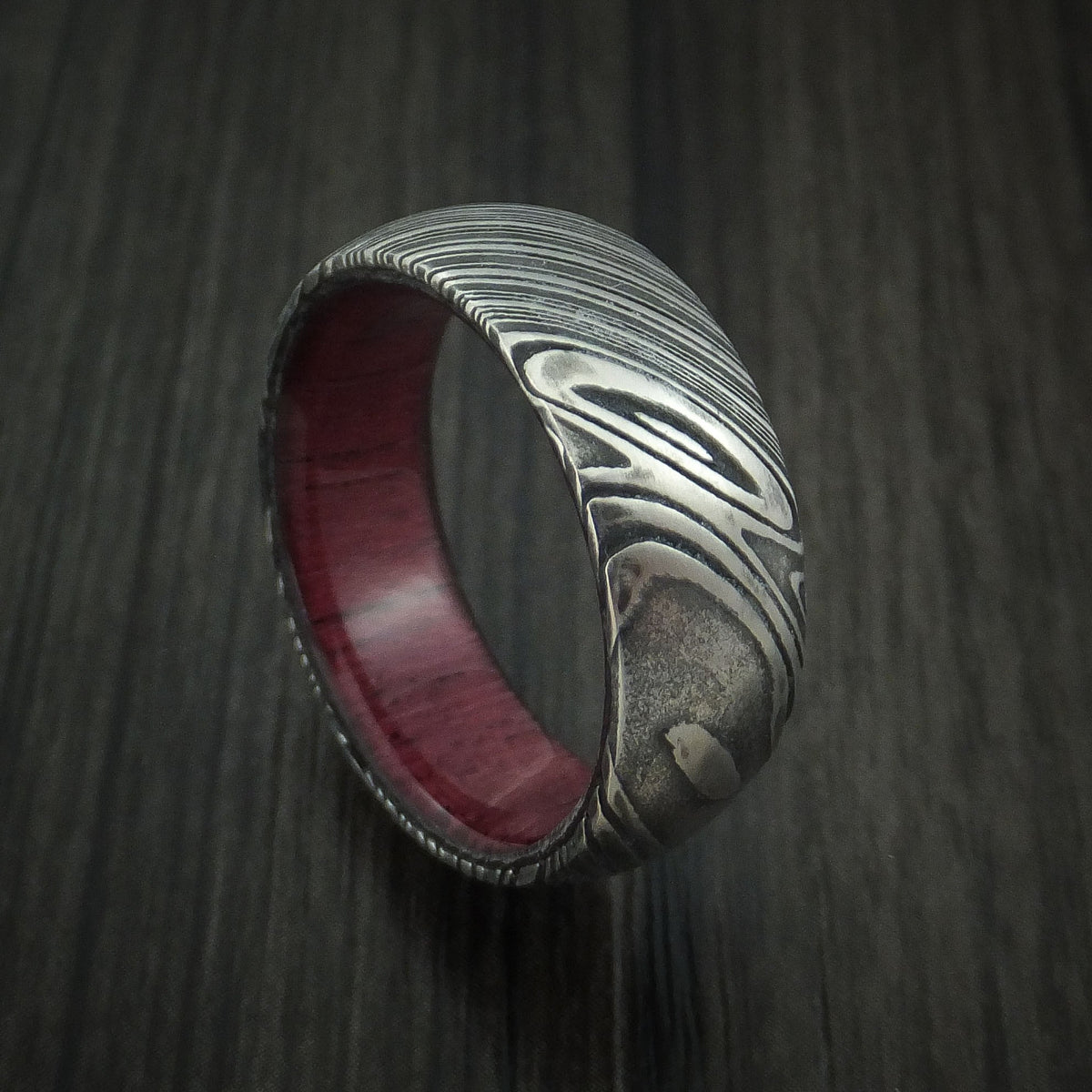 Empire X - Woodgrain Kuro Damascus Steel Men's Wedding Ring with Purple Heart Wood Hardwood Sleeve Wood Band - Nura Lab