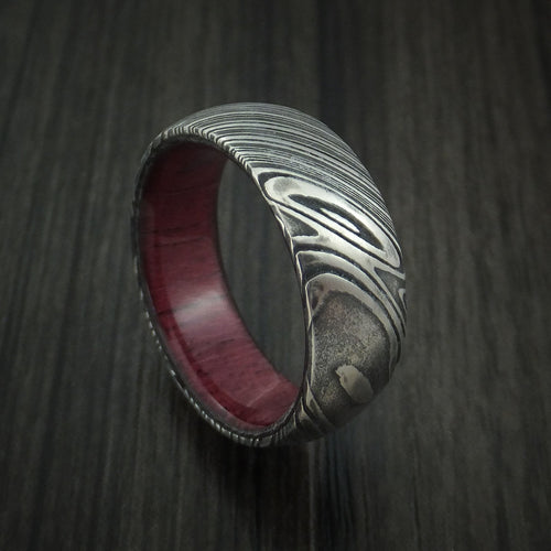 Empire X - Woodgrain Kuro Damascus Steel Men's Wedding Ring with Purple Heart Wood Hardwood Sleeve Wood Band - Nura Lab