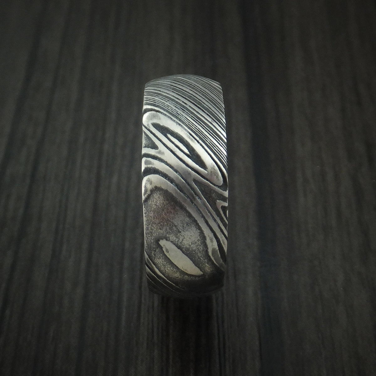 Empire X - Woodgrain Kuro Damascus Steel Men's Wedding Ring with Purple Heart Wood Hardwood Sleeve Wood Band - view 3 - Nura Lab