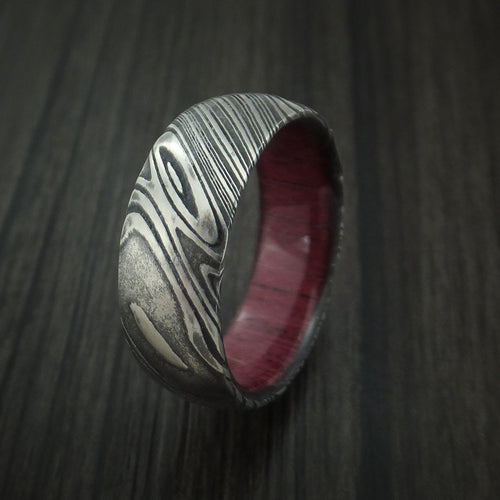 Empire X - Woodgrain Kuro Damascus Steel Men's Wedding Ring with Purple Heart Wood Hardwood Sleeve Wood Band - view 4 - Nura Lab