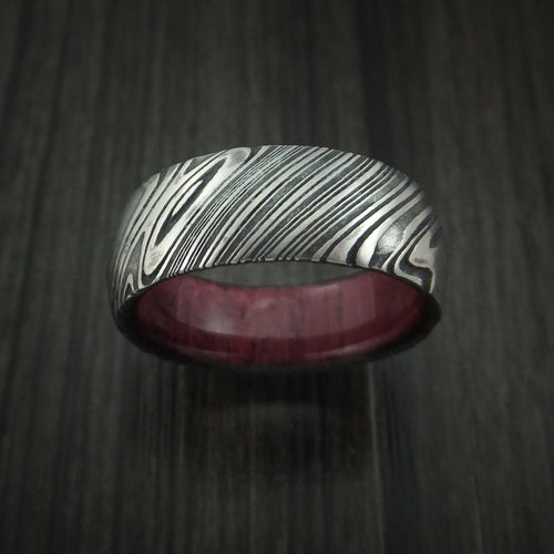 Empire X - Woodgrain Kuro Damascus Steel Men's Wedding Ring with Purple Heart Wood Hardwood Sleeve Wood Band - view 2 - Nura Lab