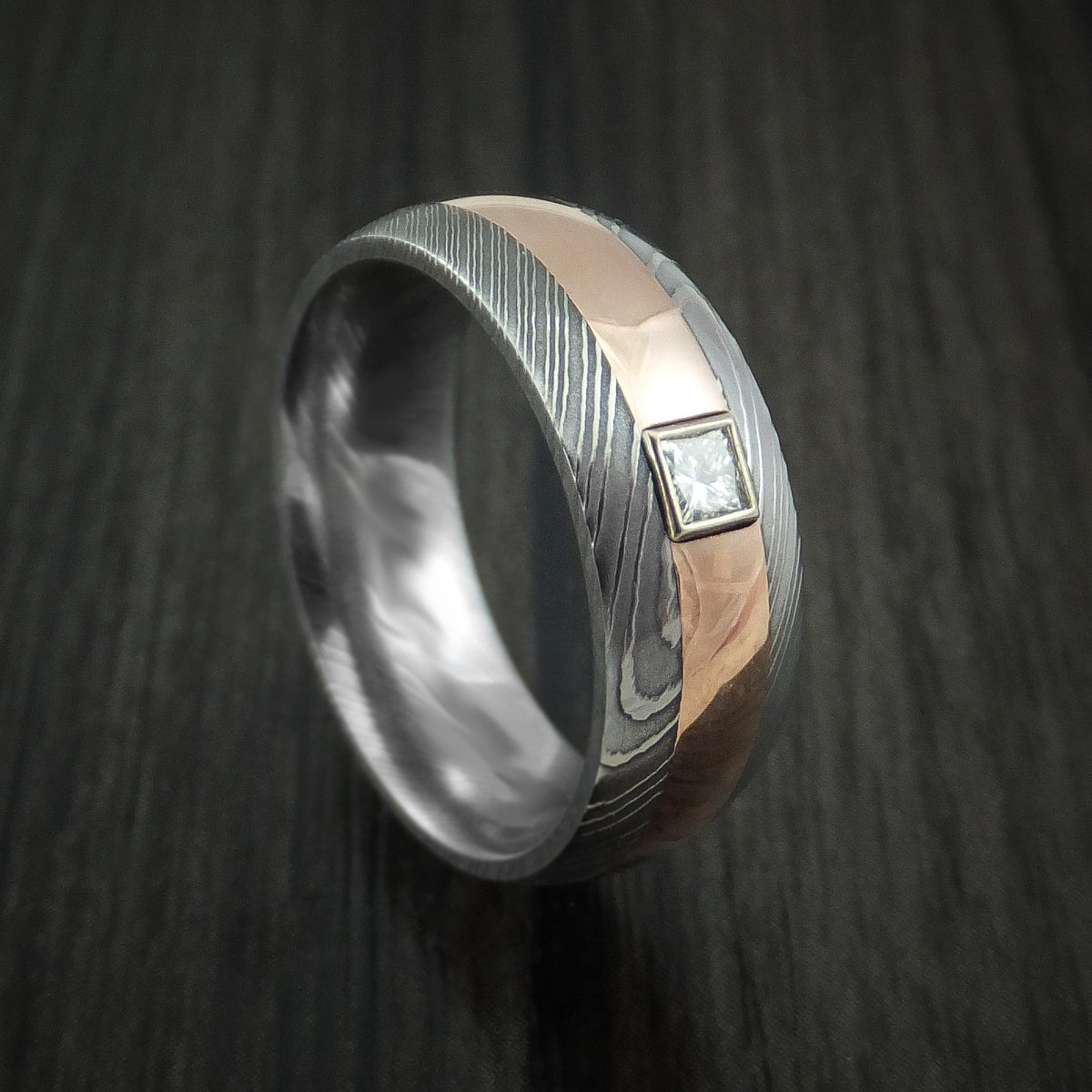 Alpine X - Damascus Steel and Rose Gold Band with Diamond Men's Wedding Ring - Nura Lab