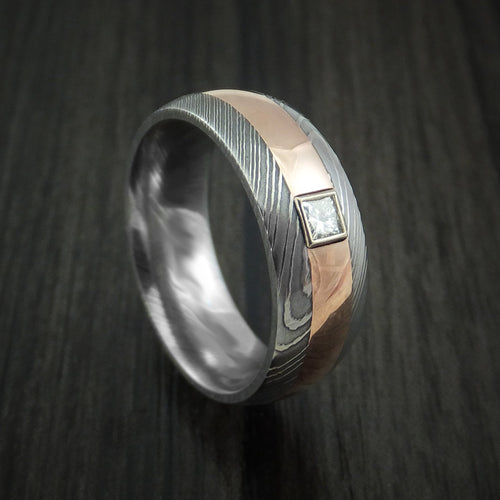 Alpine X - Damascus Steel and Rose Gold Band with Diamond Men's Wedding Ring - Nura Lab
