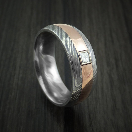 Alpine X - Damascus Steel and Rose Gold Band with Diamond Men's Wedding Ring - Nura Lab