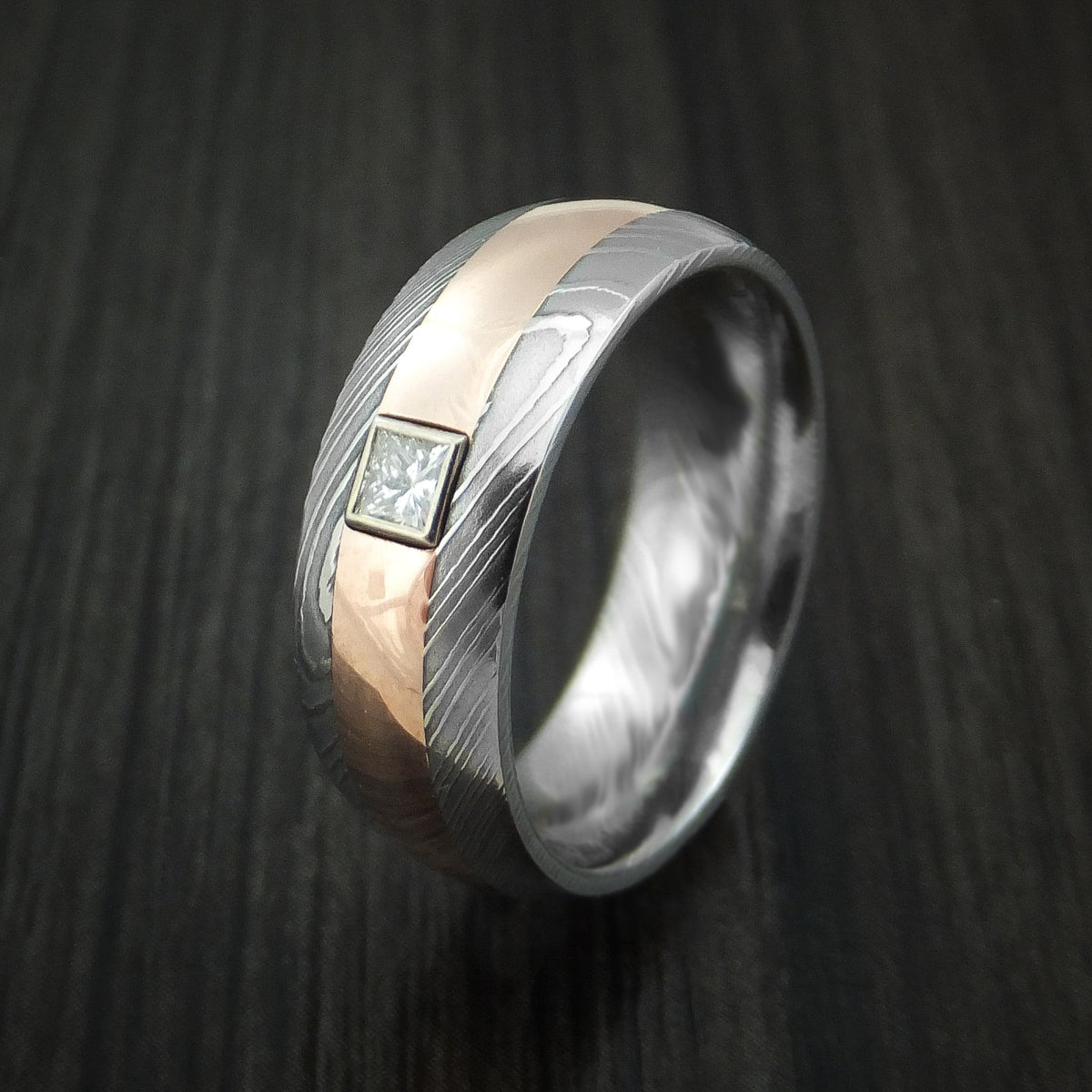 Alpine X - Damascus Steel and Rose Gold Band with Diamond Men's Wedding Ring - view 3 - Nura Lab