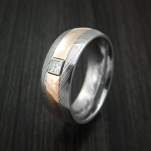 Alpine X - Damascus Steel and Rose Gold Band with Diamond Men's Wedding Ring - view 3 - Nura Lab