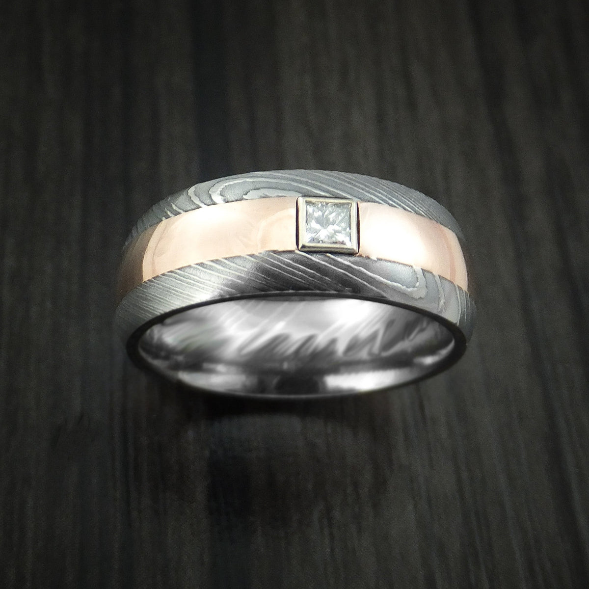 Alpine X - Damascus Steel and Rose Gold Band with Diamond Men's Wedding Ring - view 2 - Nura Lab