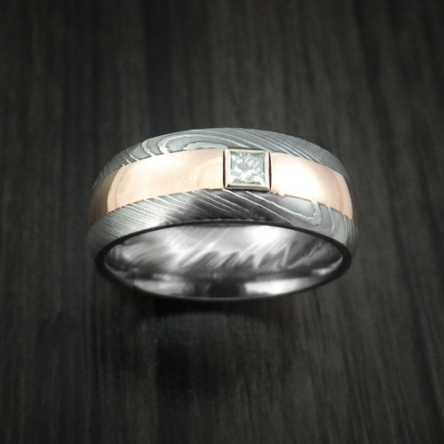 Alpine X - Damascus Steel and Rose Gold Band with Diamond Men's Wedding Ring - view 2 - Nura Lab