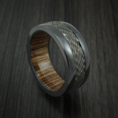 King Arthur XI - Black Zirconium and Damascus Steel Men's Wedding Ring with Tree Bark Carved Finish and Walnut Hardwood Sleeve Band - Nura Lab