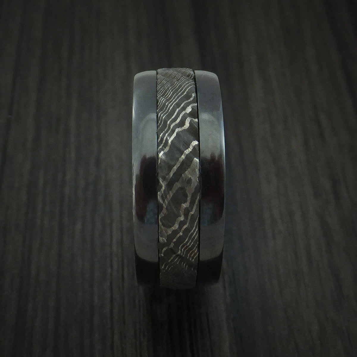 King Arthur XI - Black Zirconium and Damascus Steel Men's Wedding Ring with Tree Bark Carved Finish and Walnut Hardwood Sleeve Band - view 3 - Nura Lab