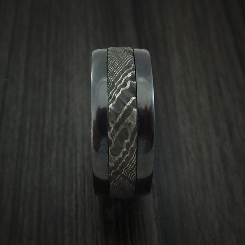 King Arthur XI - Black Zirconium and Damascus Steel Men's Wedding Ring with Tree Bark Carved Finish and Walnut Hardwood Sleeve Band - view 3 - Nura Lab