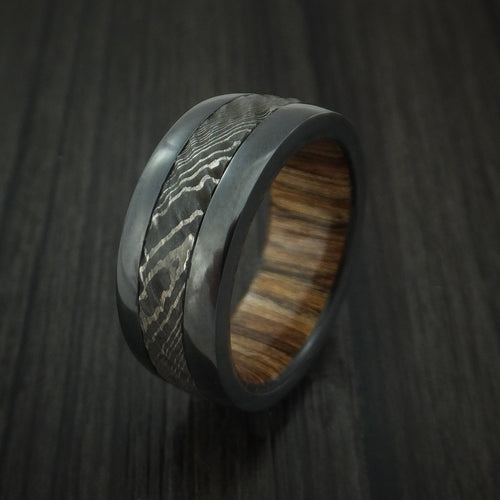 King Arthur XI - Black Zirconium and Damascus Steel Men's Wedding Ring with Tree Bark Carved Finish and Walnut Hardwood Sleeve Band - view 4 - Nura Lab