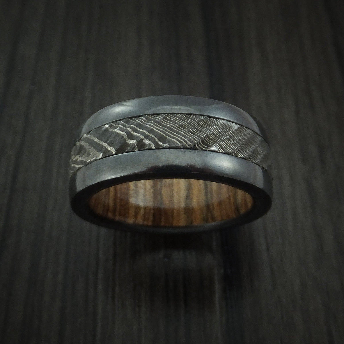 King Arthur XI - Black Zirconium and Damascus Steel Men's Wedding Ring with Tree Bark Carved Finish and Walnut Hardwood Sleeve Band - view 2 - Nura Lab