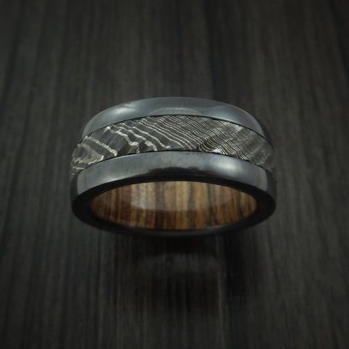 King Arthur XI - Black Zirconium and Damascus Steel Men's Wedding Ring with Tree Bark Carved Finish and Walnut Hardwood Sleeve Band - view 2 - Nura Lab