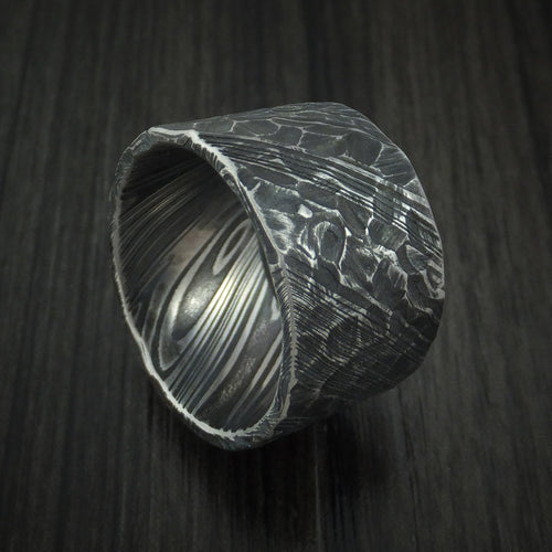 Kingsguard X - Ultra-Wide Woodgrain Kuro Damascus Steel Men's Wedding Ring with Rock Hammered Finish Band - Nura Lab