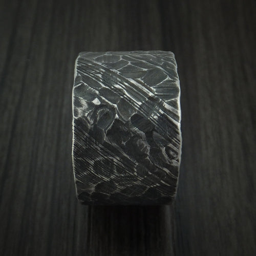 Kingsguard X - Ultra-Wide Woodgrain Kuro Damascus Steel Men's Wedding Ring with Rock Hammered Finish Band - view 3 - Nura Lab