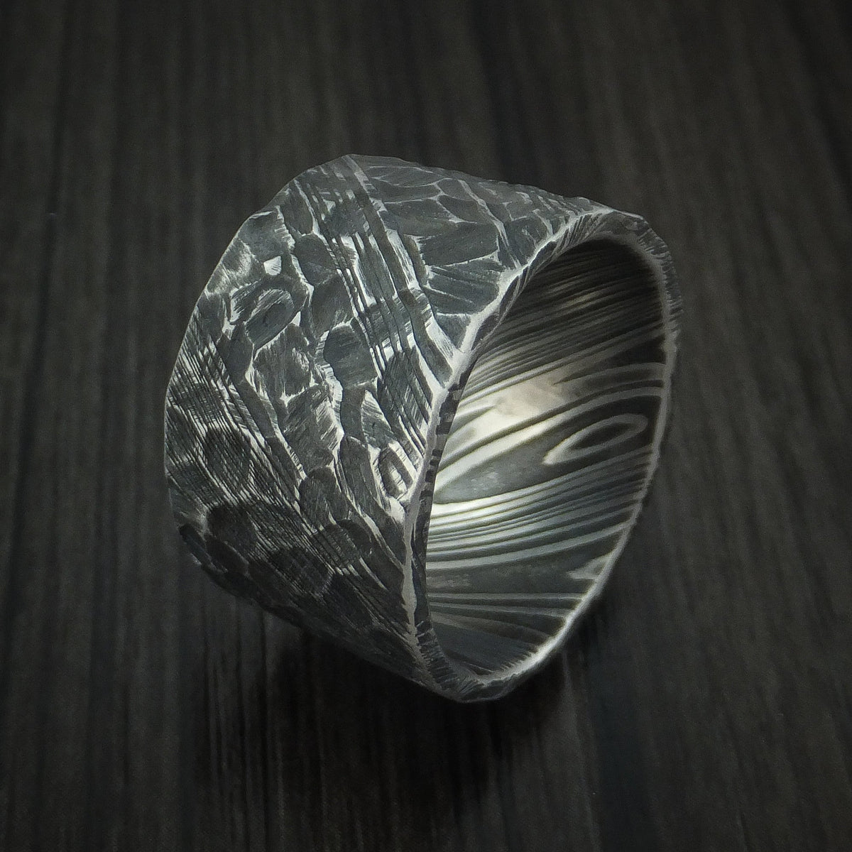 Kingsguard X - Ultra-Wide Woodgrain Kuro Damascus Steel Men's Wedding Ring with Rock Hammered Finish Band - view 4 - Nura Lab