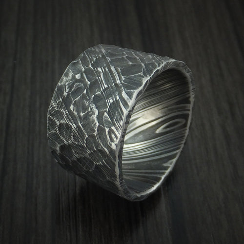 Kingsguard X - Ultra-Wide Woodgrain Kuro Damascus Steel Men's Wedding Ring with Rock Hammered Finish Band - view 4 - Nura Lab