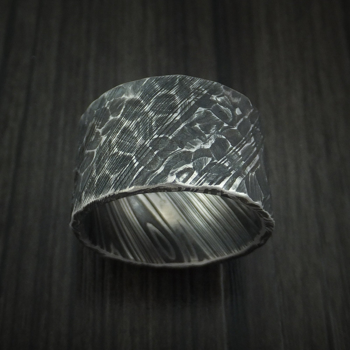 Kingsguard X - Ultra-Wide Woodgrain Kuro Damascus Steel Men's Wedding Ring with Rock Hammered Finish Band - view 2 - Nura Lab