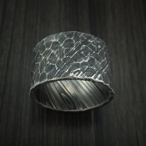 Kingsguard X - Ultra-Wide Woodgrain Kuro Damascus Steel Men's Wedding Ring with Rock Hammered Finish Band - view 2 - Nura Lab