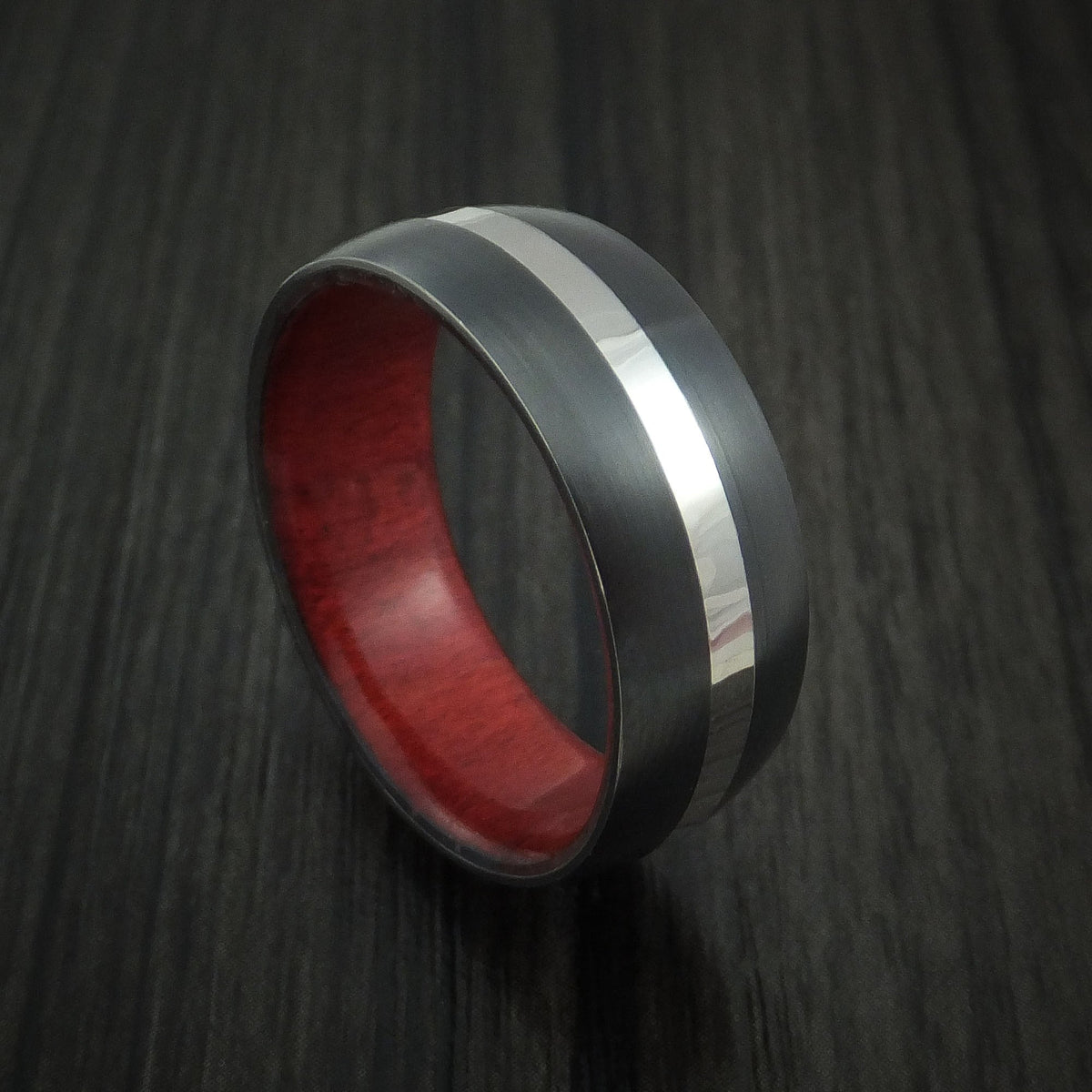 Dominion XIII - Black Zirconium Men's Wedding Ring with Platinum and Red Heart Wood Sleeve - Nura Lab
