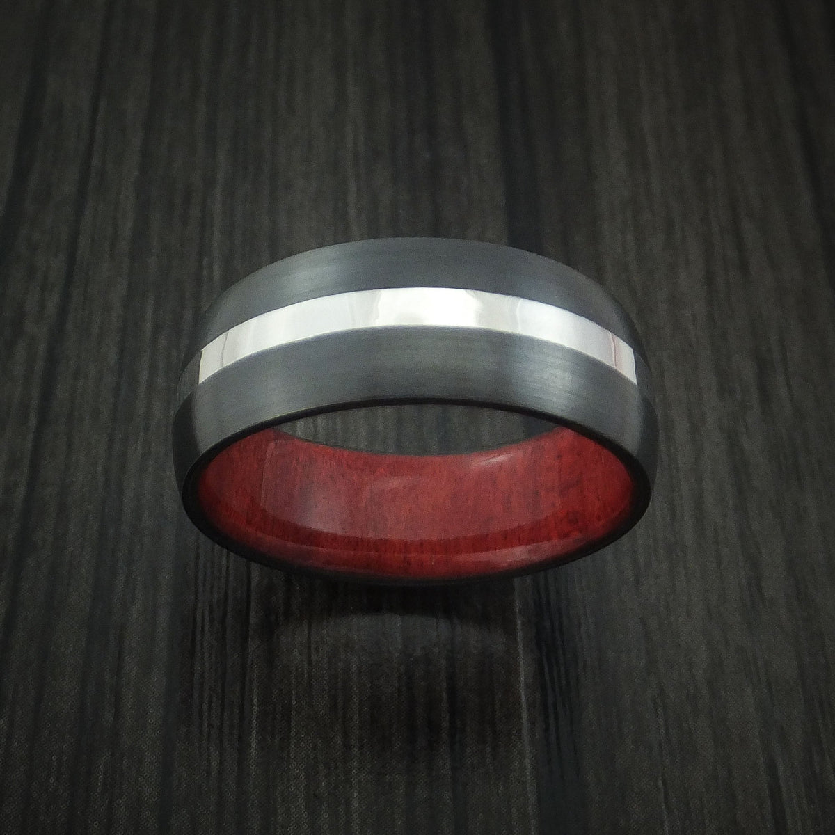 Dominion XIII - Black Zirconium Men's Wedding Ring with Platinum and Red Heart Wood Sleeve - view 2 - Nura Lab