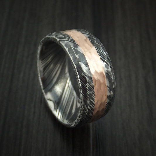 Northwind IX - Woodgrain Kuro Damascus Steel Men's Ring and 14k Rose Gold Wedding Ring Hammered Genuine Craftsmanship - Nura Lab