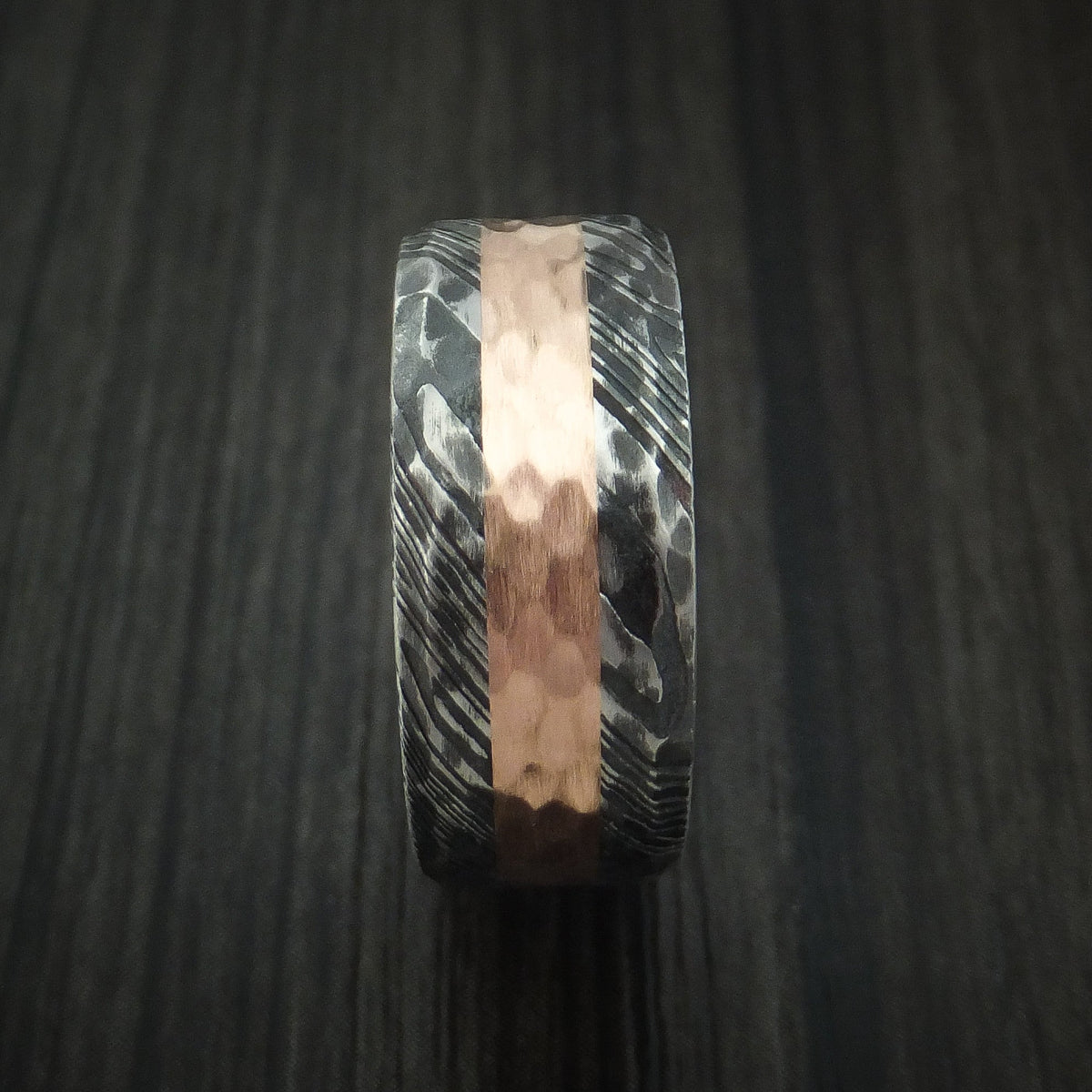 Northwind IX - Woodgrain Kuro Damascus Steel Men's Ring and 14k Rose Gold Wedding Ring Hammered Genuine Craftsmanship - view 3 - Nura Lab