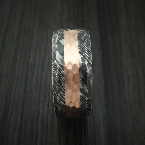 Northwind IX - Woodgrain Kuro Damascus Steel Men's Ring and 14k Rose Gold Wedding Ring Hammered Genuine Craftsmanship - view 3 - Nura Lab