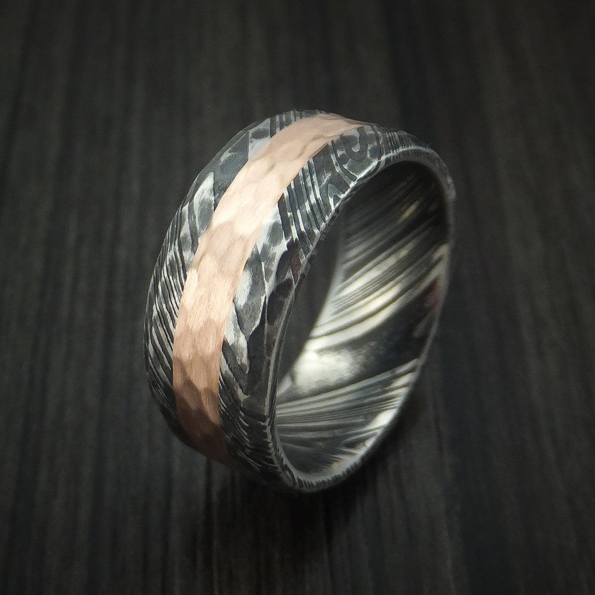 Northwind IX - Woodgrain Kuro Damascus Steel Men's Ring and 14k Rose Gold Wedding Ring Hammered Genuine Craftsmanship - view 4 - Nura Lab