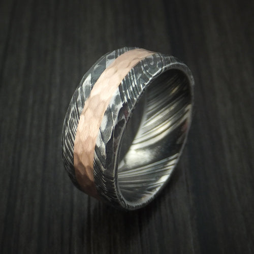 Northwind IX - Woodgrain Kuro Damascus Steel Men's Ring and 14k Rose Gold Wedding Ring Hammered Genuine Craftsmanship - view 4 - Nura Lab