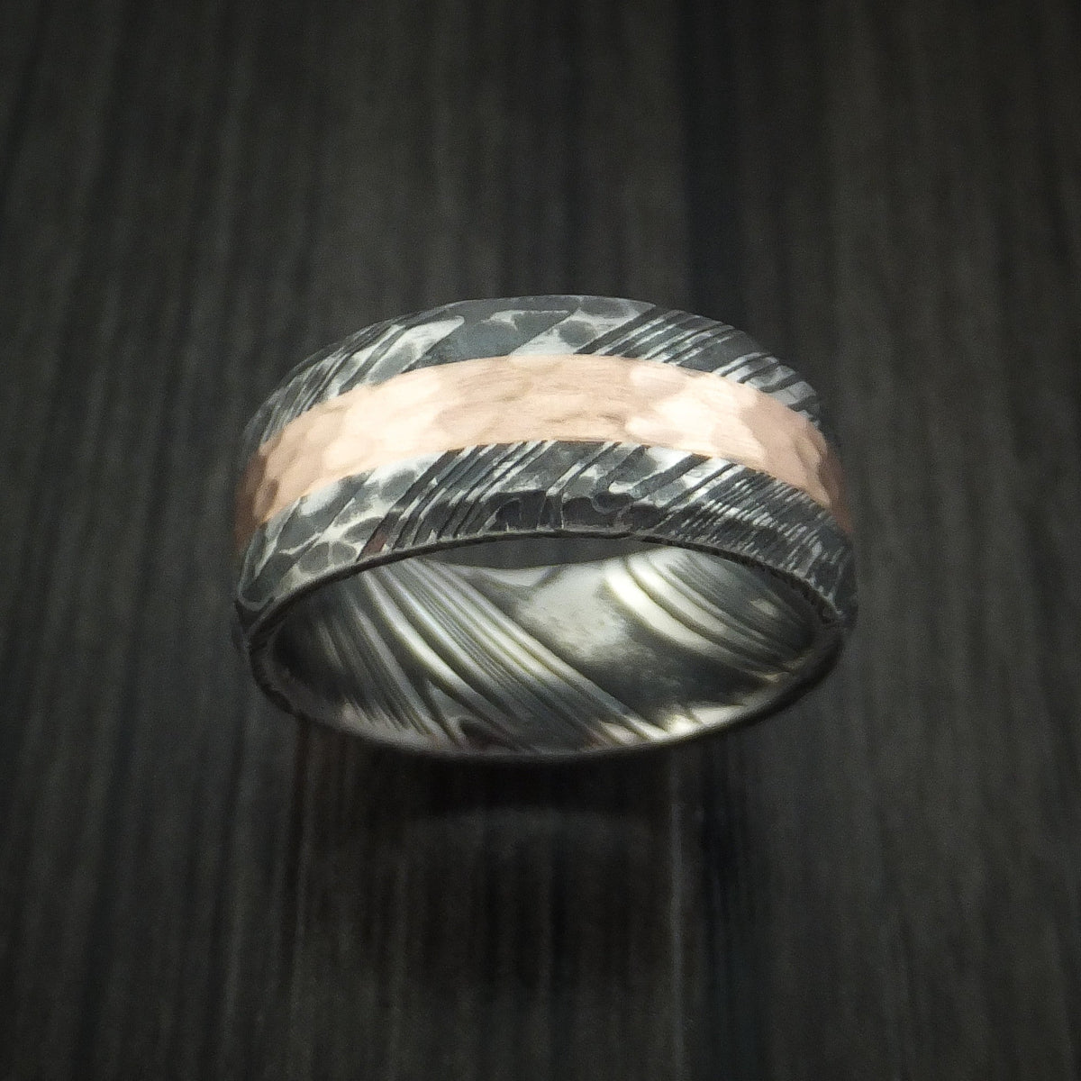 Northwind IX - Woodgrain Kuro Damascus Steel Men's Ring and 14k Rose Gold Wedding Ring Hammered Genuine Craftsmanship - view 2 - Nura Lab