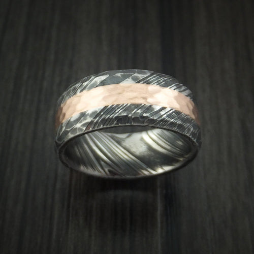 Northwind IX - Woodgrain Kuro Damascus Steel Men's Ring and 14k Rose Gold Wedding Ring Hammered Genuine Craftsmanship - view 2 - Nura Lab