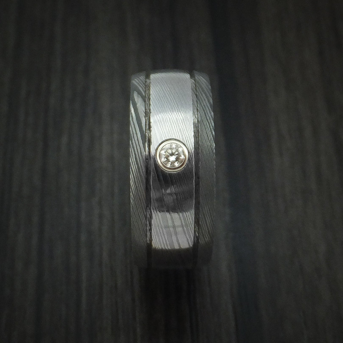 Dynasty X - Damascus Steel Two-toned Band with Diamond Men's Wedding Ring - view 3 - Nura Lab