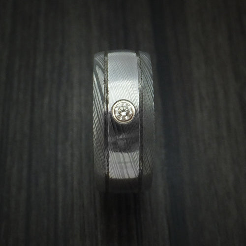 Dynasty X - Damascus Steel Two-toned Band with Diamond Men's Wedding Ring - view 3 - Nura Lab