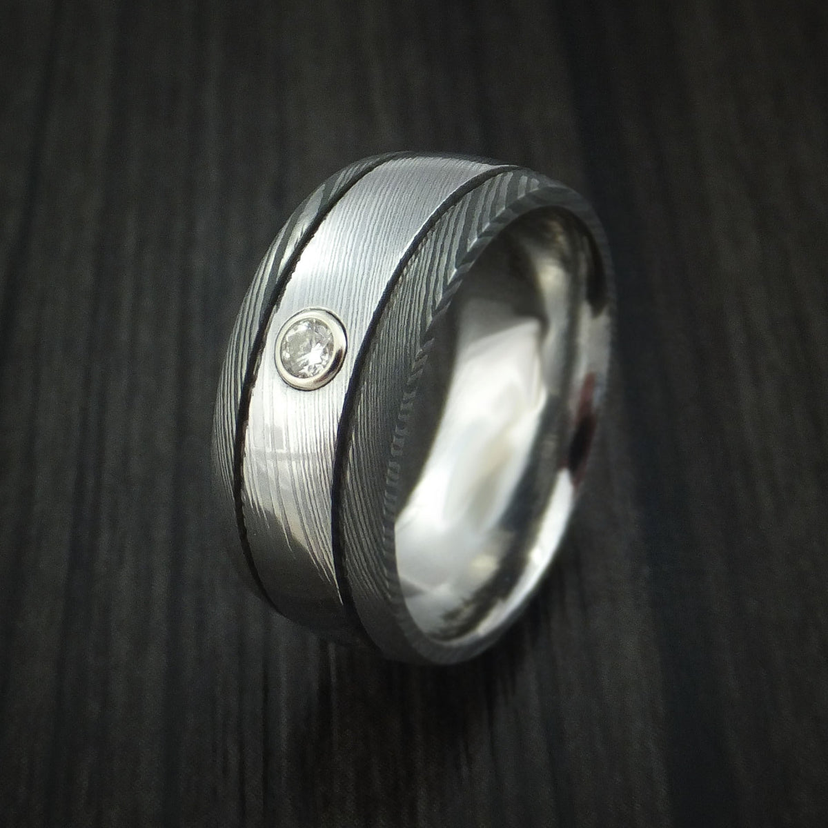 Dynasty X - Damascus Steel Two-toned Band with Diamond Men's Wedding Ring - view 4 - Nura Lab