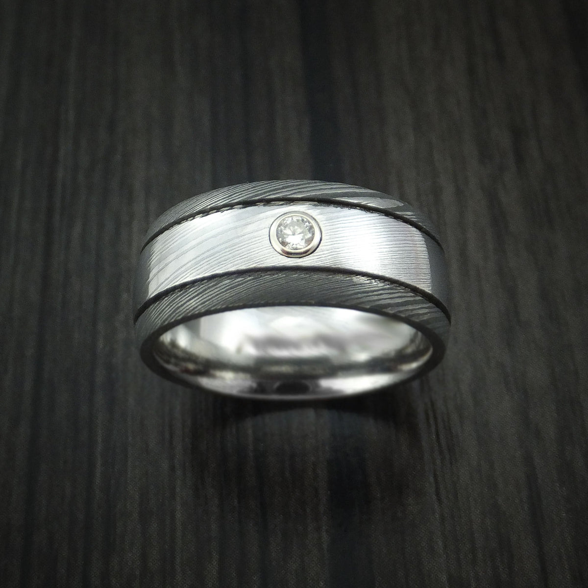 Dynasty X - Damascus Steel Two-toned Band with Diamond Men's Wedding Ring - view 2 - Nura Lab