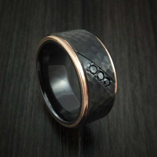 Resolute VII - Black Titanium or Black Zirconium Custom Men's Wedding Ring with Hammered Hammered Finish, 14K Rose Gold Edges, and Black Diamonds - Nura Lab