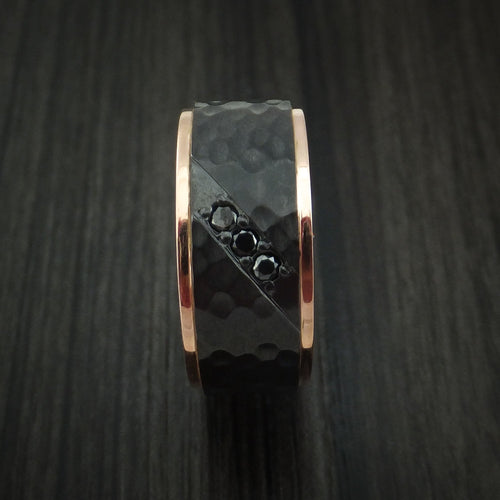 Resolute VII - Black Titanium or Black Zirconium Custom Men's Wedding Ring with Hammered Hammered Finish, 14K Rose Gold Edges, and Black Diamonds - view 3 - Nura Lab