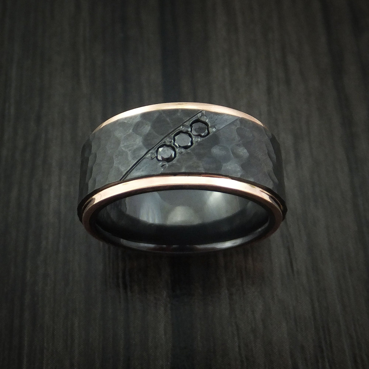 Resolute VII - Black Titanium or Black Zirconium Custom Men's Wedding Ring with Hammered Hammered Finish, 14K Rose Gold Edges, and Black Diamonds - view 2 - Nura Lab