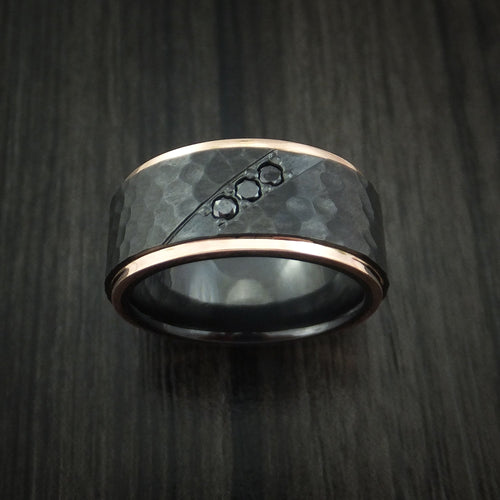 Resolute VII - Black Titanium or Black Zirconium Custom Men's Wedding Ring with Hammered Hammered Finish, 14K Rose Gold Edges, and Black Diamonds - view 2 - Nura Lab