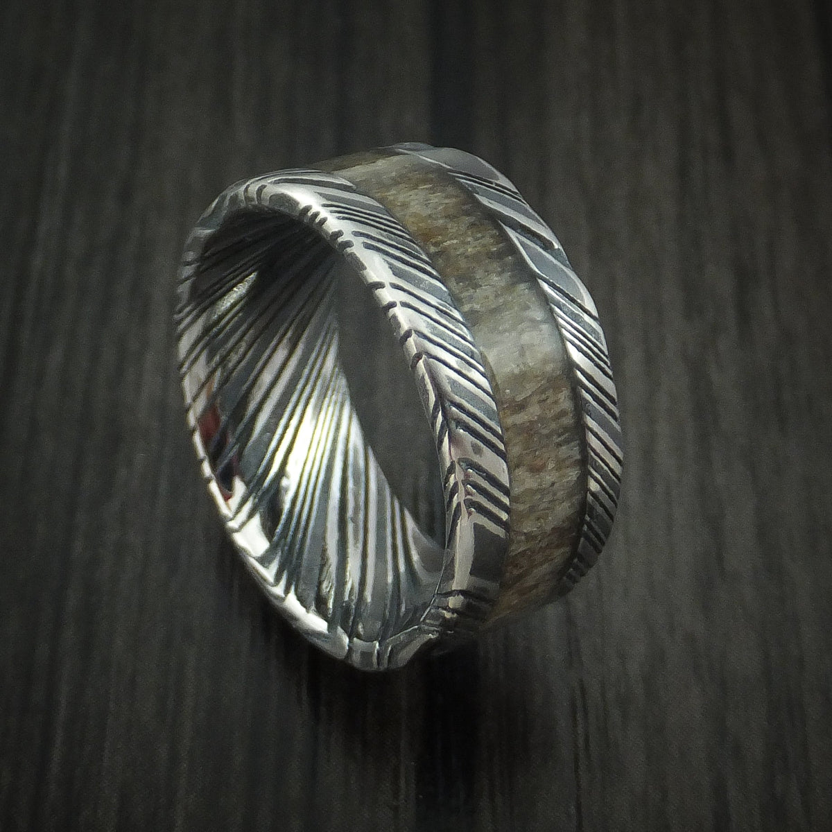 Phoenix IX - Woodgrain Kuro Damascus Steel and Antler Men's Wedding Ring Band - Nura Lab