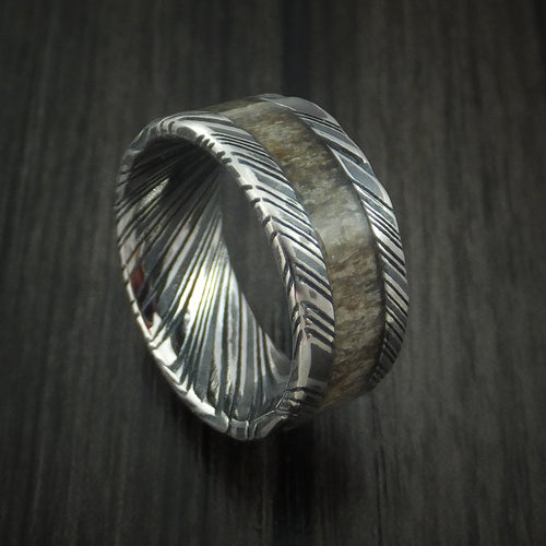 Phoenix IX - Woodgrain Kuro Damascus Steel and Antler Men's Wedding Ring Band - Nura Lab