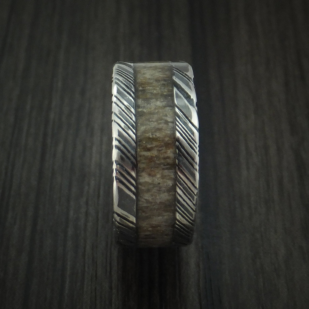 Phoenix IX - Woodgrain Kuro Damascus Steel and Antler Men's Wedding Ring Band - view 3 - Nura Lab