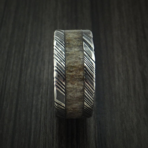 Phoenix IX - Woodgrain Kuro Damascus Steel and Antler Men's Wedding Ring Band - view 3 - Nura Lab