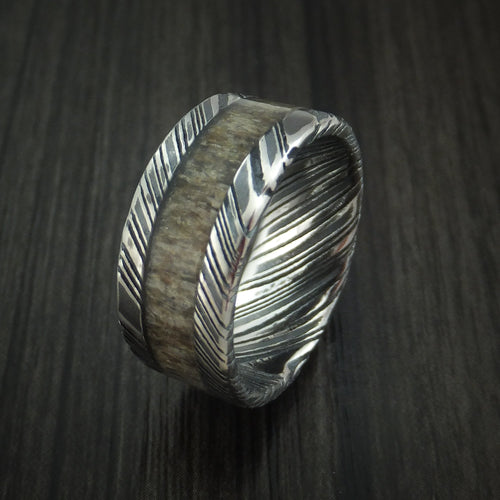 Phoenix IX - Woodgrain Kuro Damascus Steel and Antler Men's Wedding Ring Band - view 4 - Nura Lab
