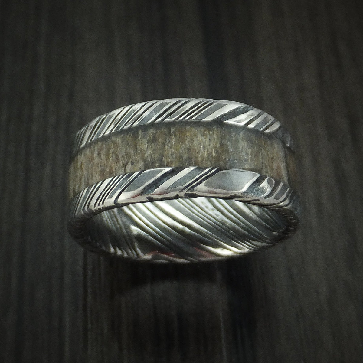 Phoenix IX - Woodgrain Kuro Damascus Steel and Antler Men's Wedding Ring Band - view 2 - Nura Lab
